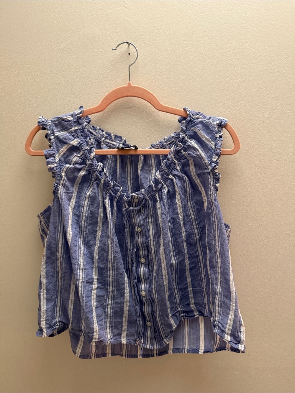 J. Crew Blue and White Striped Ruffle-Sleeve Button Front Camisole